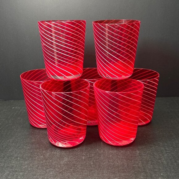 Vintage Blown Swirl Red Cocktail 16 oz Glasses Set of 7  4 1/2" tall 3 3/4" wide - Picture 1 of 8